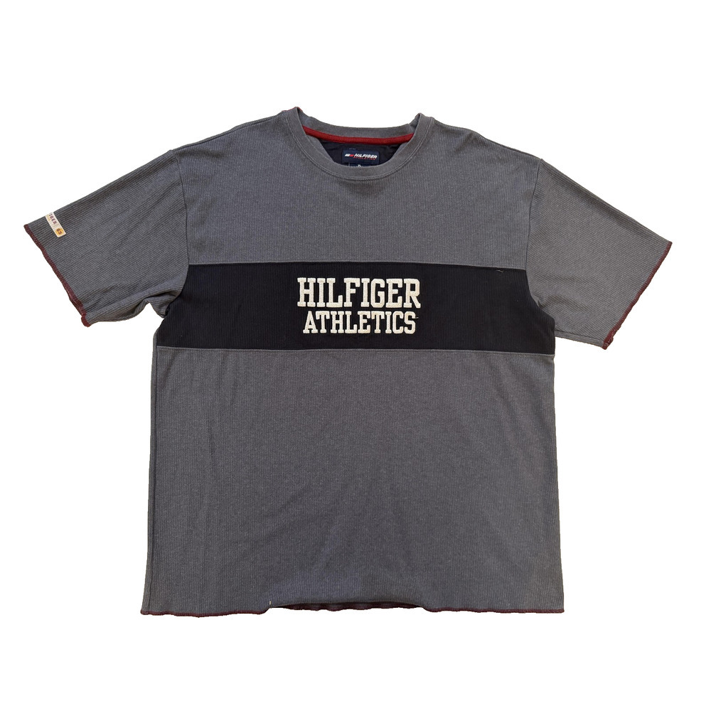 Vintage 90s Tommy Hilfiger TShirt XL Gray Blk Puffy Letter Colorblock Streetwear